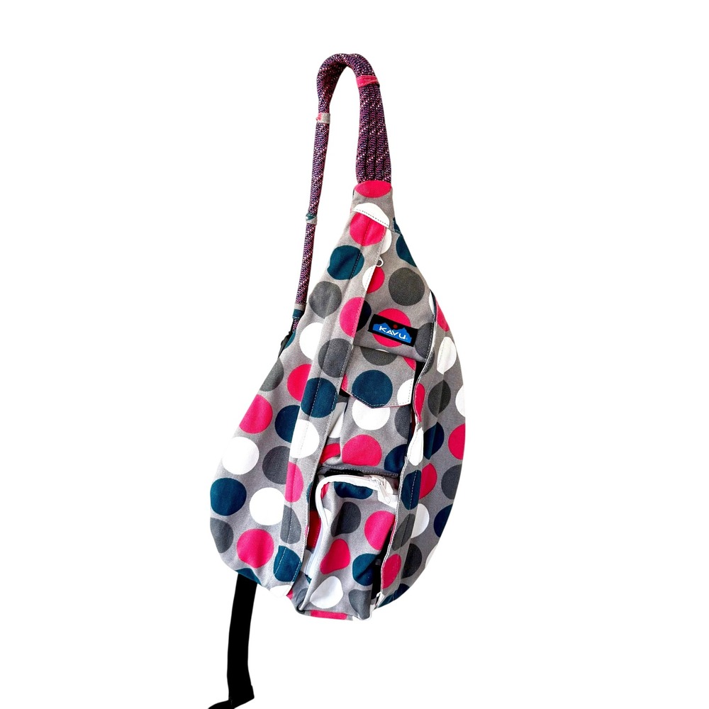 KAVU Rope Sling‎ Bag Polka Dot Gray Pink Teal Shoulder Backpack Purse 0100460